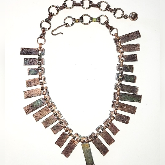 GREEN ENAMEL COPPER PLATED NECKLACE & EARRINGS - VINTAGE SET - Picture 8 of 11